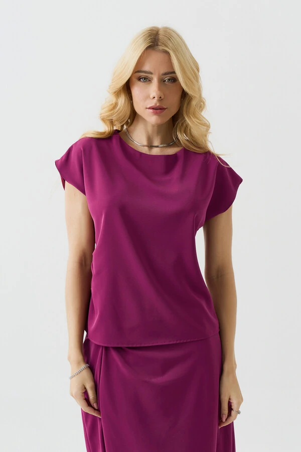 Conjunto Assimétrico de Blusa Manga Morcego Pregas Drapeada Saia Midi Evasê Drapeada