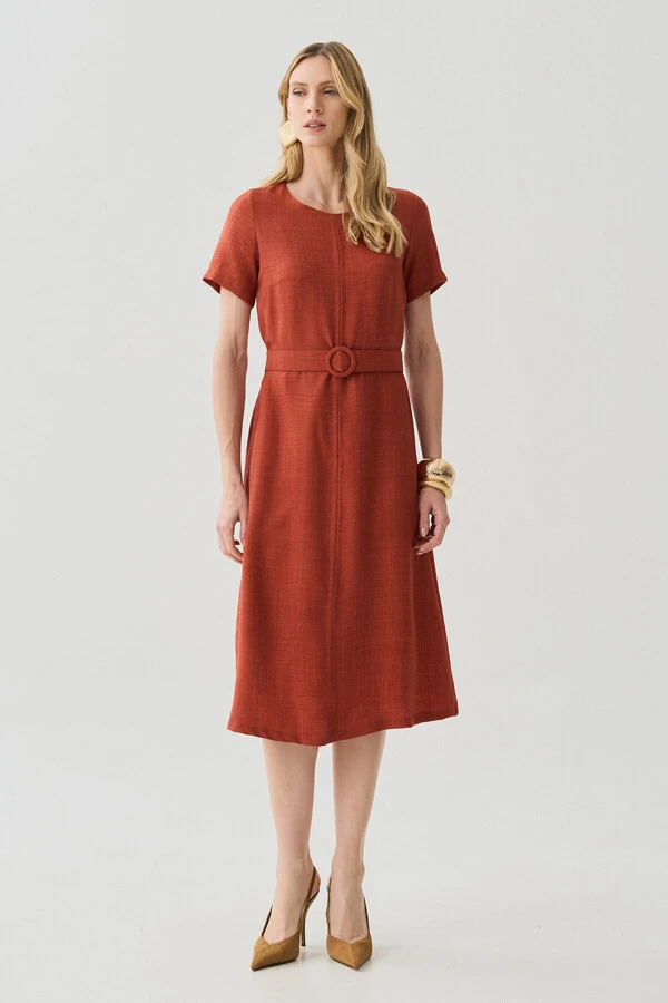 Vestido Midi Cinto Fivela Forrada