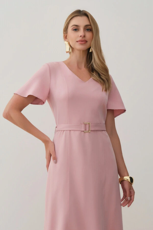 Vestsido Midi Decote V Cinto Fivela Gold