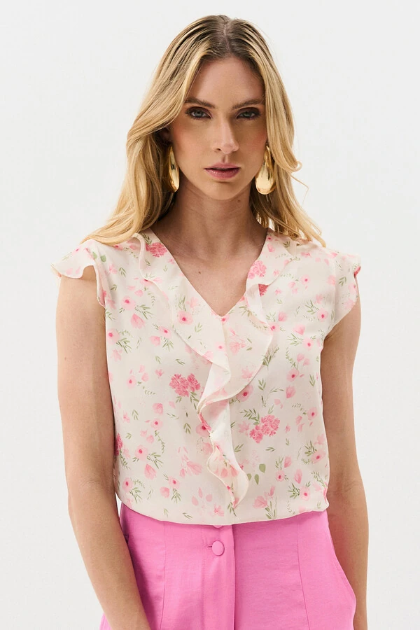 Regata Floral Decote V Ombro Babados