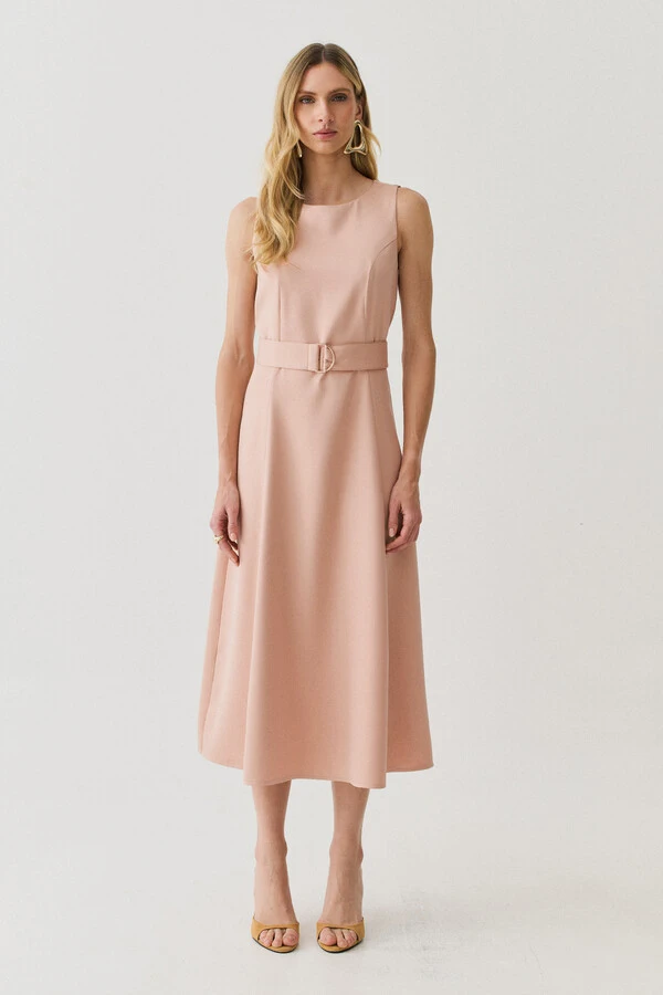 Vestido Midi Evasê Regata de Alfaiataria Recortes Cinto Fivela Gold