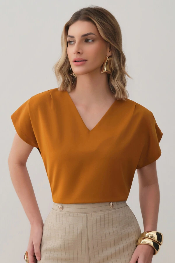 Blusa Manga Morcego Decote V Ombro Pregas Double