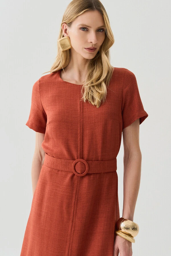 Vestido Midi Cinto Fivela Forrada