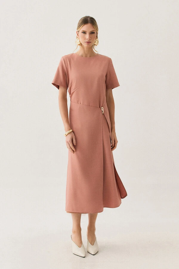 Vestido Midi de Alfaiataria Assimétrico Transpassado Pregas Gold