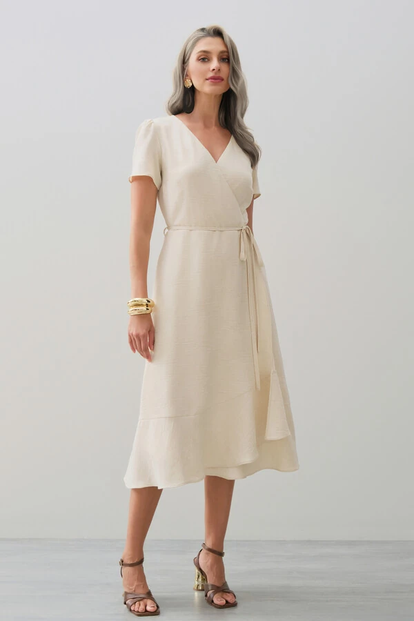 Vestido Midi Transpassado Camada Laço