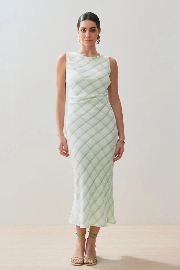 Vestido Midi Regata Xadrez Lateral Franzida
