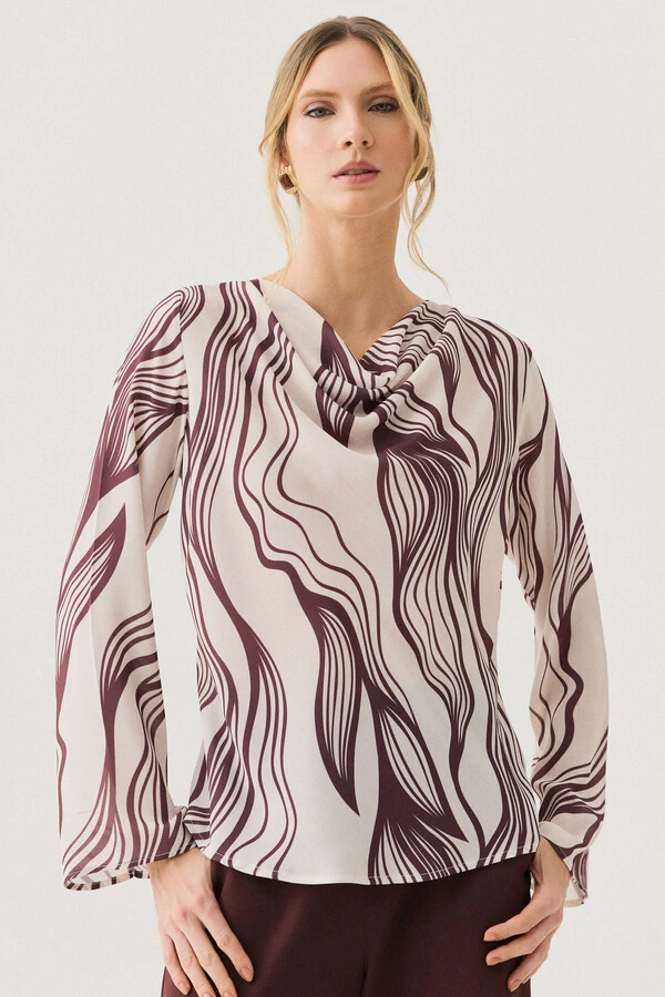 Blusa Abstrata Manga Longa Flare Decote Drapeado (cópia)