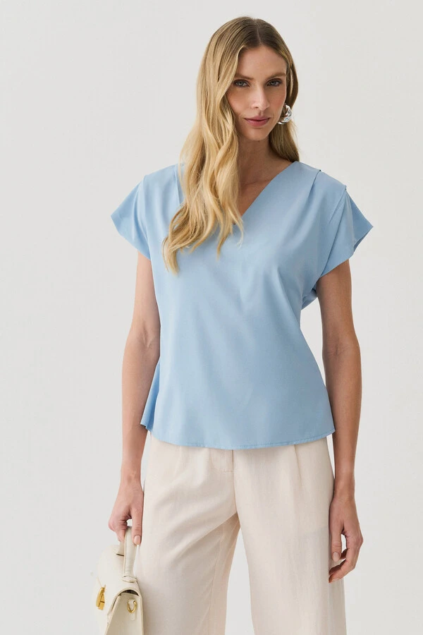 Blusa Manga Morcego Decote V Ombro Pregas Double