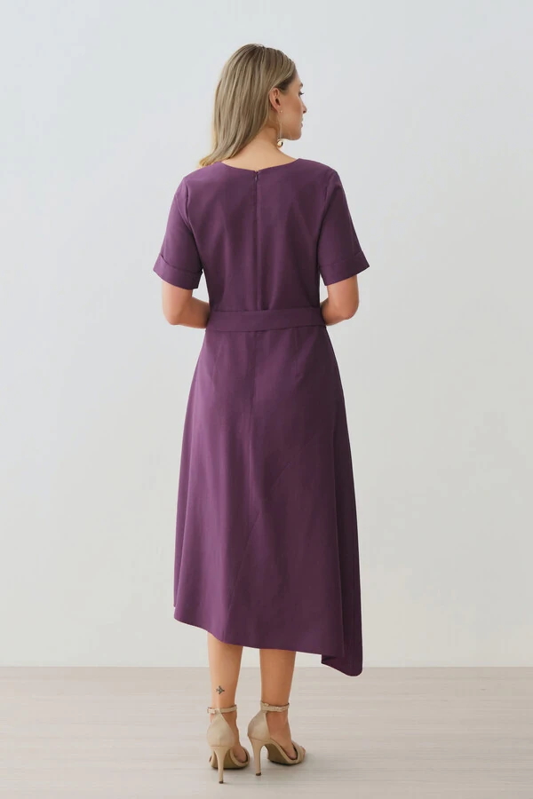 Vestido Midi Evasê Assimétrico Decote V Cinto Gold