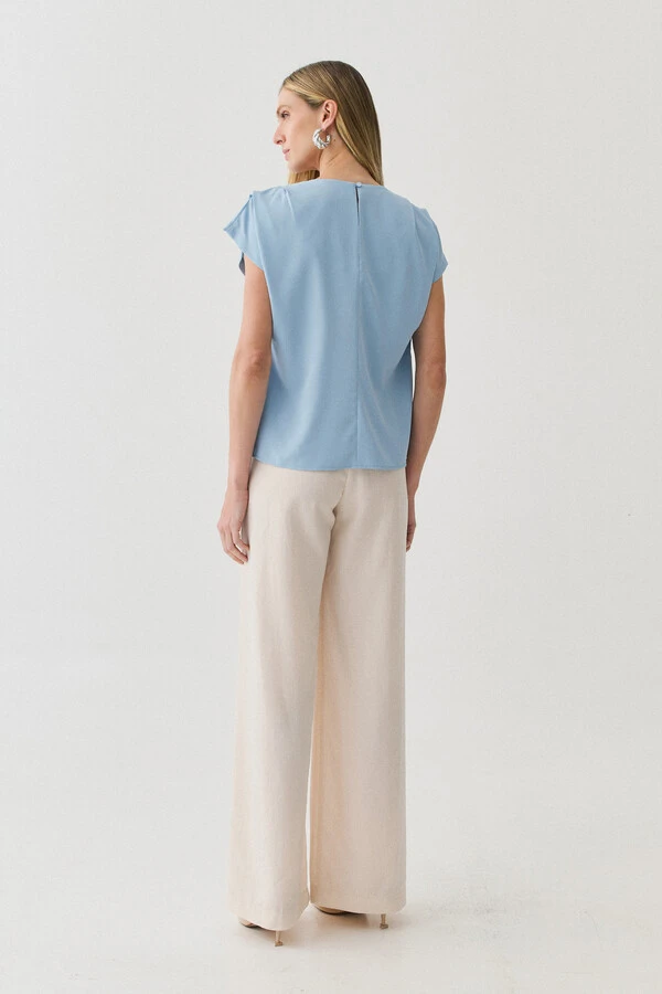 Blusa Manga Morcego Decote V Ombro Pregas Double