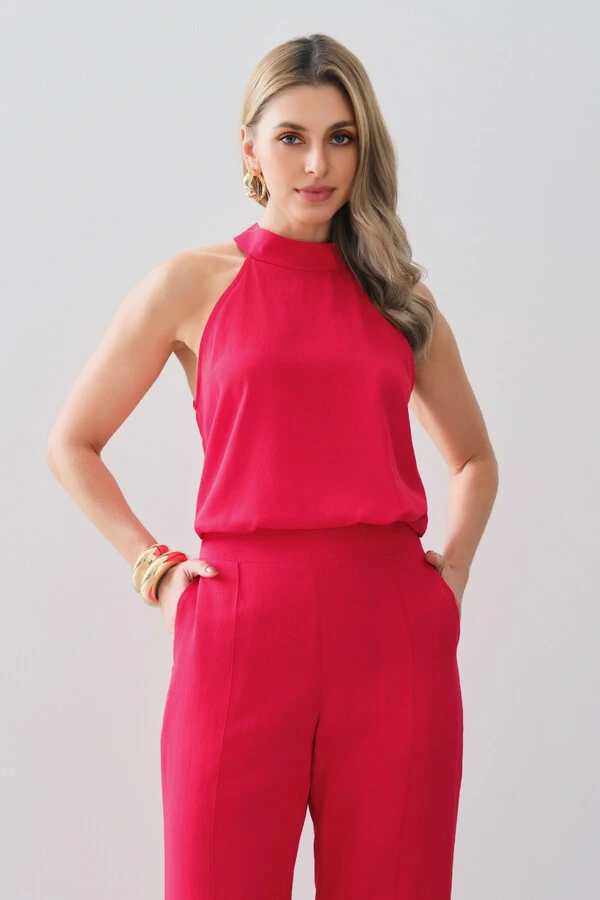 Conjunto de Blusa Regata Frente Única Faixa e Pantalona Nervura