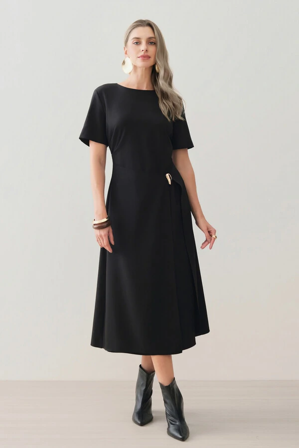 Vestido Midi de Alfaiataria Assimétrico Transpassado Pregas Gold