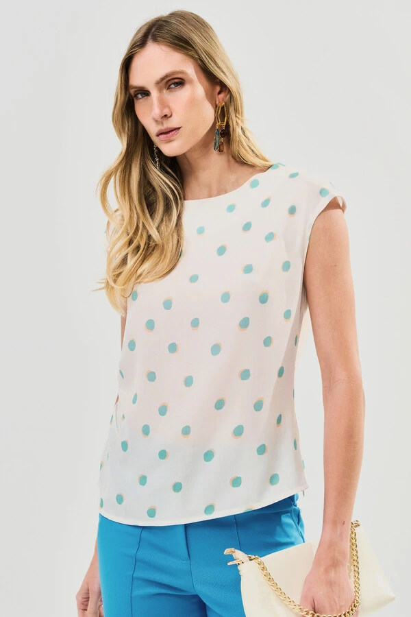 Blusa Assimétrica Poa Sobreposta Lateral Direita Franzida