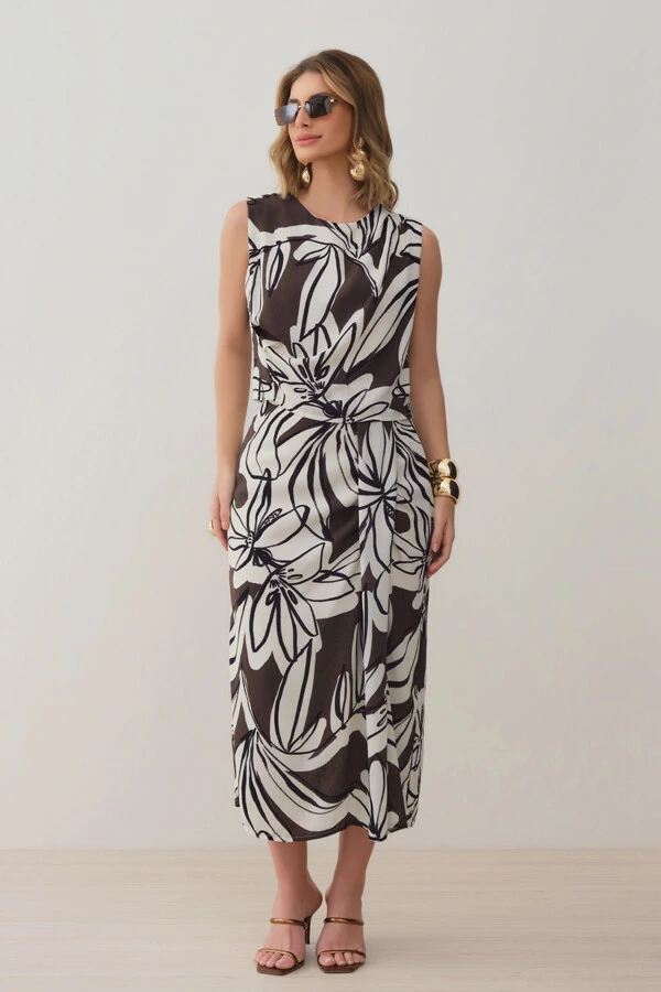 Conjunto Assimétrico Floral de Regata Crop Pregas Double e Saia Midi Pregas