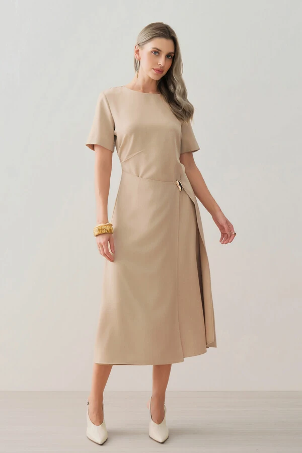 Vestido Midi de Alfaiataria Assimétrico Transpassado Pregas Gold