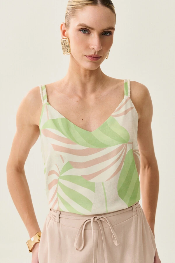 Blusa de Alça Cordão Folhagem Decote V