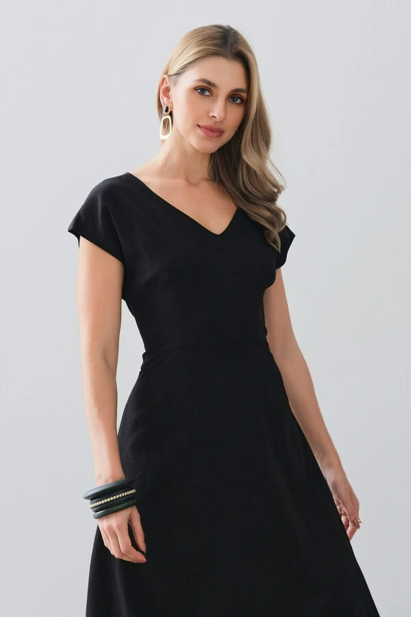 Vestido Midi Evasê Manga Morcego Decote V