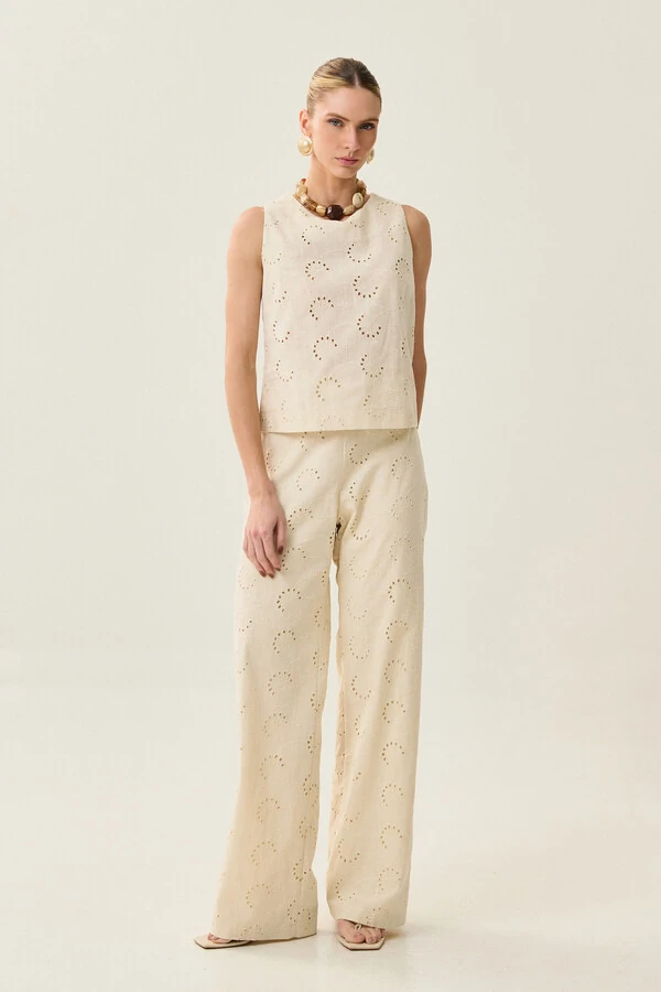 Conjunto de Laise de Algodão de Blusa regata Crop e Calça Reta