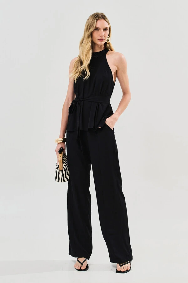 Conjunto de Blusa Regata Frente Única Faixa e Pantalona Nervura