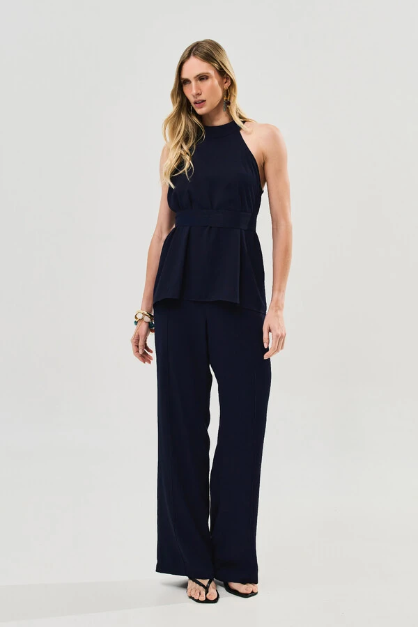 Conjunto de Blusa Regata Frente Única Faixa e Pantalona Nervura