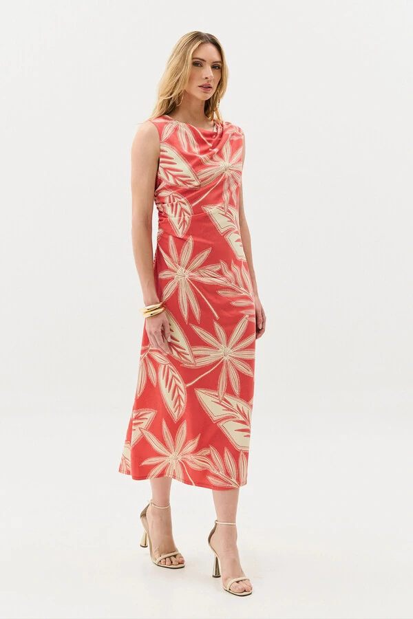 Vestido Midi Regata Assimétrico Drapeado Folhagem Ombro Lateral Franzidos