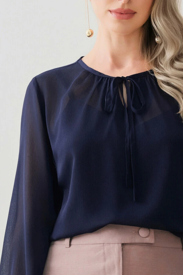 Blusa de Chiffon Yoryu Manga Longa Decote Gota Laço