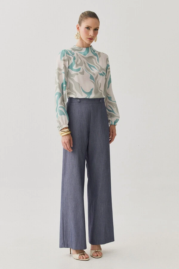 Blusa Assimétrica Abstrata Manga Longa Punho Double Gola Careca Baixa Ombro Direito Pregas Double