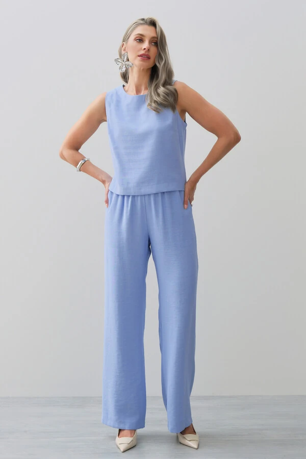 Conjunto de Blusa Regata Crop Pence e Calça Reta Cintura Elástico Laço