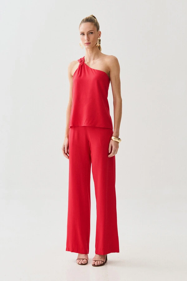 Conjunto de Blusa Regata Assimétrica Um Ombro Só Torcido e Calça Reta