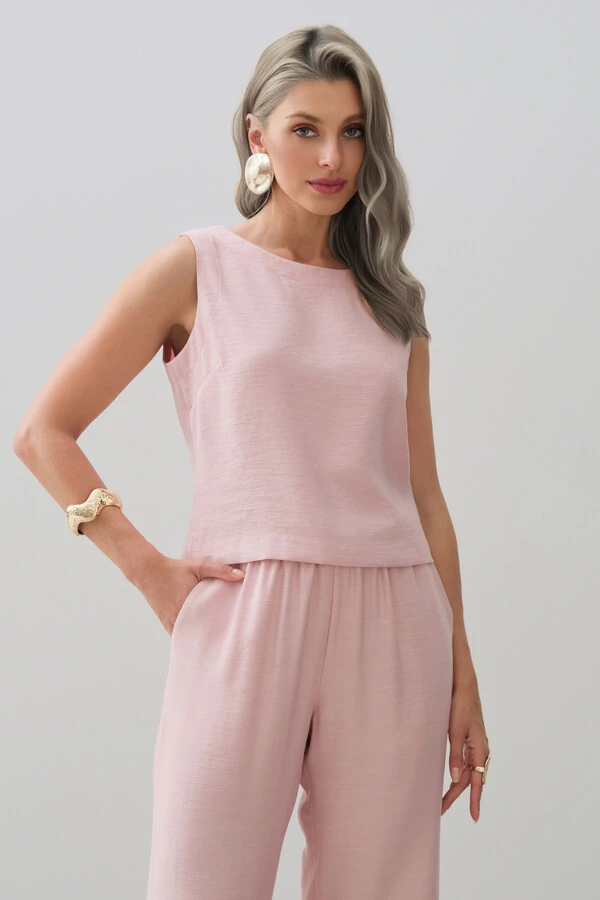 Conjunto de Blusa Regata Crop Pence e Calça Reta Cintura Elástico Laço