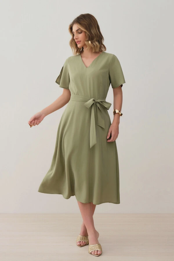 Vestido Midi Evasê Manga Abertura Decote V Cinto