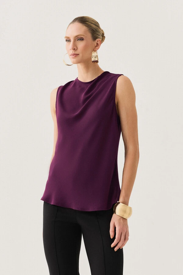 Blusa Regata Assimétrica Ombro Esquero Drapeado Pregas