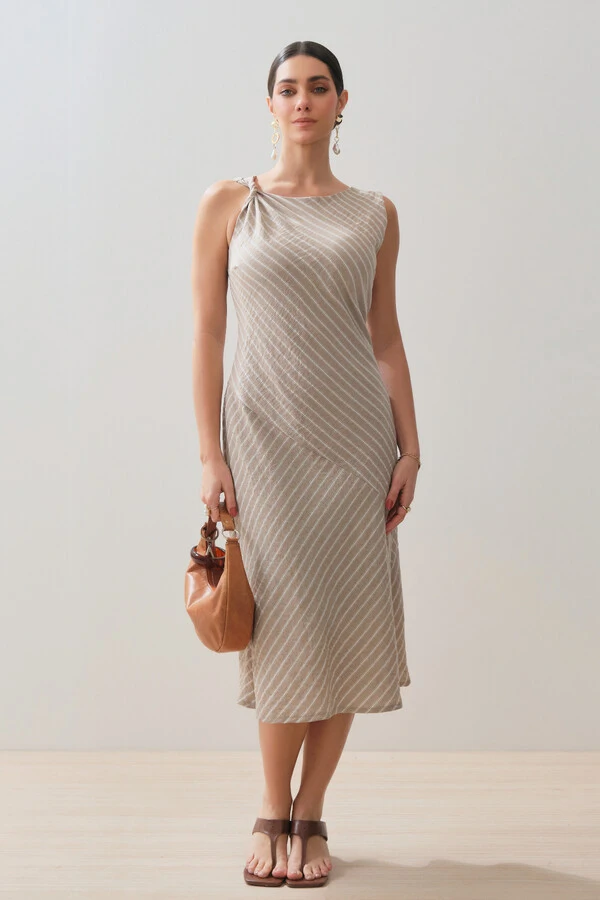 Vestido Midi Regata Assimétrica Listrado Um Ombro Torcido