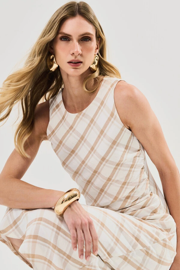 Vestido Midi Regata Xadrez Lateral Franzida