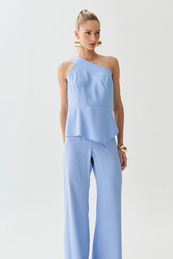 Conjunto de Blusa Regata Assimétrica Um Ombro Só Recorte Cintura e Calça Wide Leg Botão Forrado