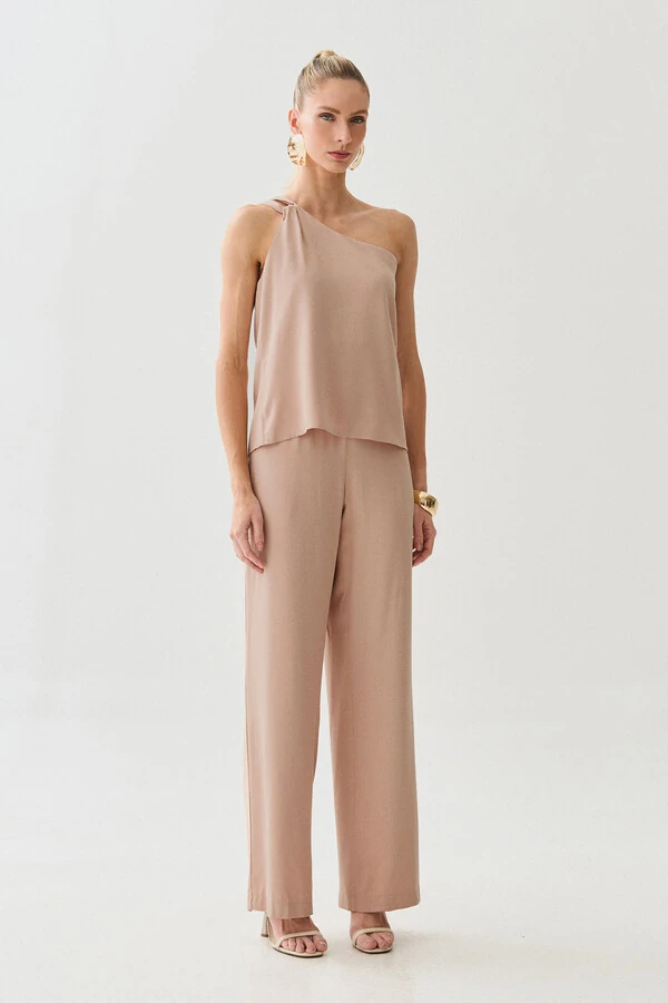 Conjunto de Blusa Regata Assimétrica Um Ombro Só Torcido e Calça Reta