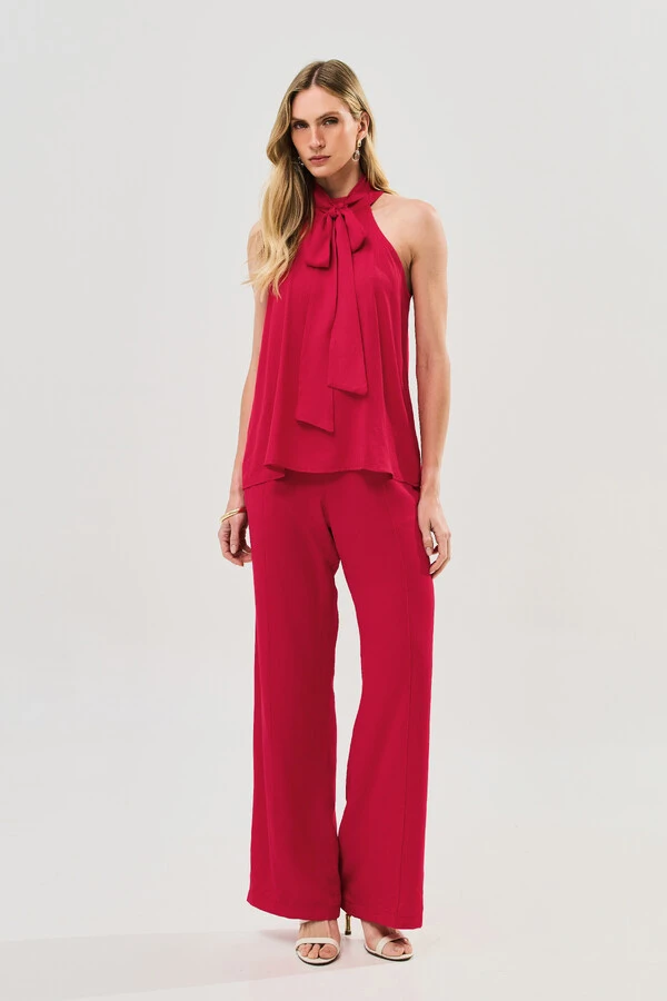 Conjunto de Blusa Regata Frente Única Faixa e Pantalona Nervura