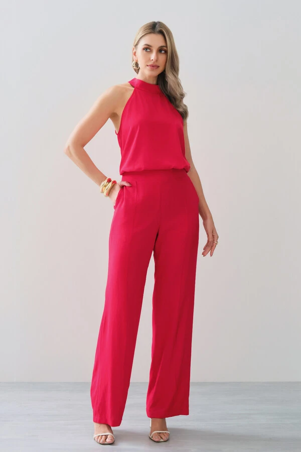 Conjunto de Blusa Regata Frente Única Faixa e Pantalona Nervura