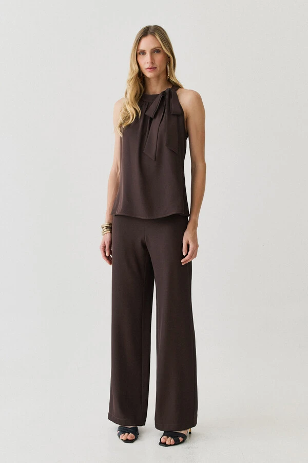 Conjunto de Blusa Regata Frente Única Laço e Calça Pantalona Slim