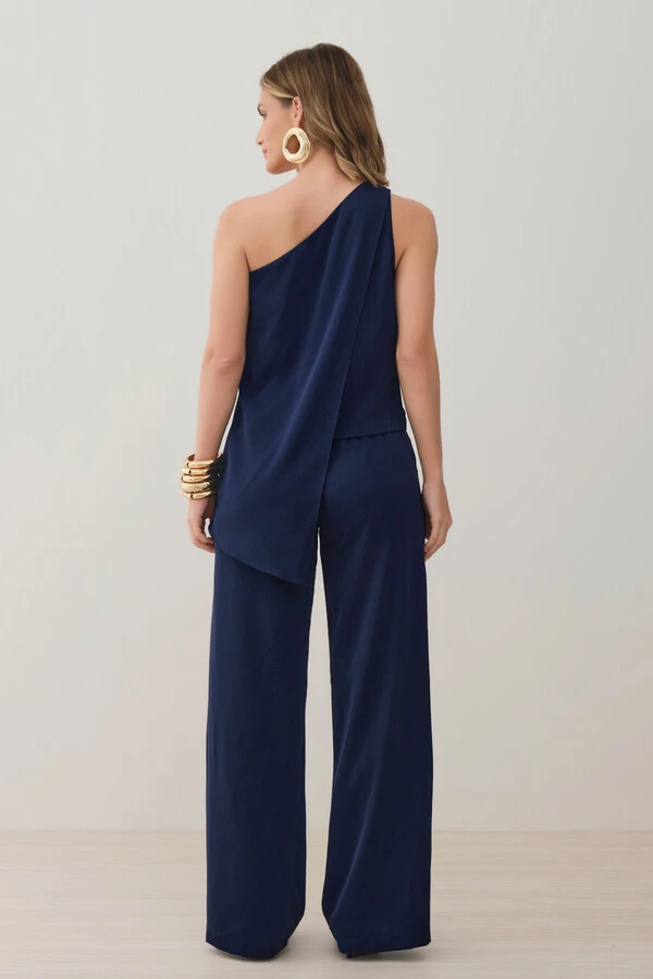 Conjunto de Blusa Regata Dupla Assimétrica Um Ombro Só Gold e Calça Pantalona Elástico
