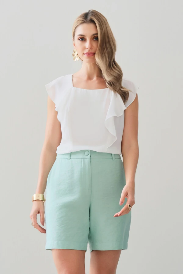 Regata Decote Quadrado Recortes Babado Laço Costas