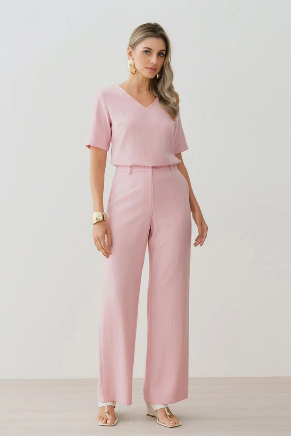 Conjunto de Alfaiataria de Blusa Decote V e Calça Wide Leg