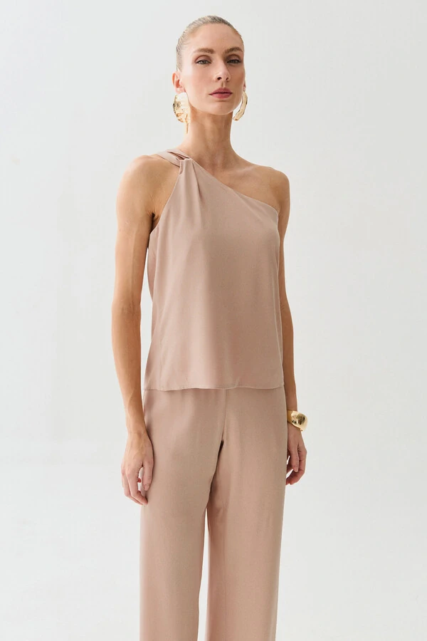 Conjunto de Blusa Regata Assimétrica Um Ombro Só Torcido e Calça Reta