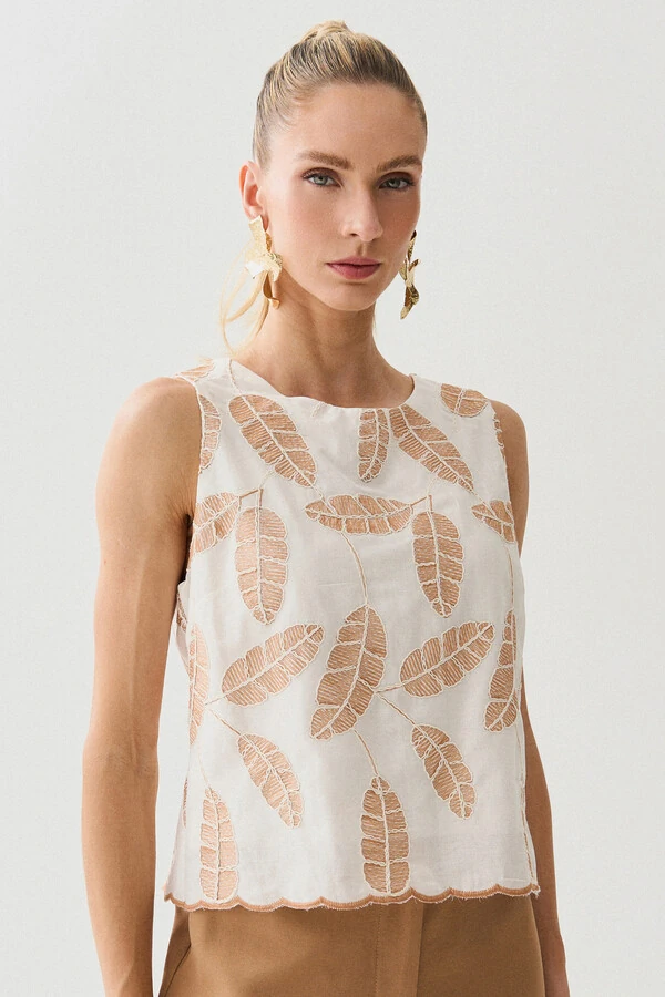 Regata de Algodão Bordado Folhagem Barrada