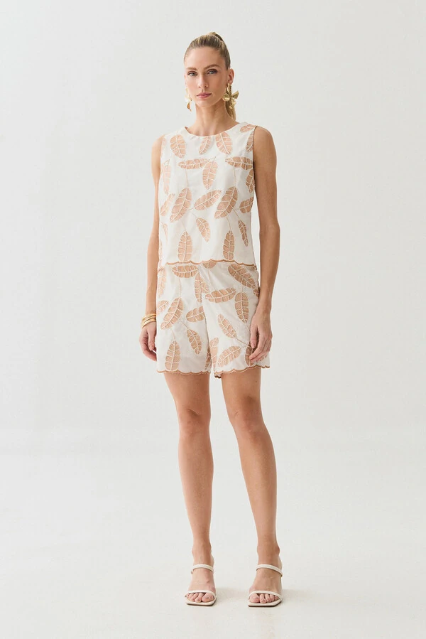 Conjunto de Algodão Bordado Folhagem de Blusa Regata Barrada e Shorts Barrado