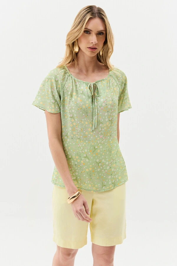 Blusa Floral Manga Raglan Decote Laço