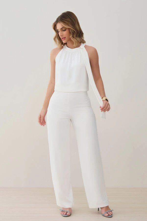 Conjunto de Blusa Regata Frente Única Laço e Calça Pantalona Slim