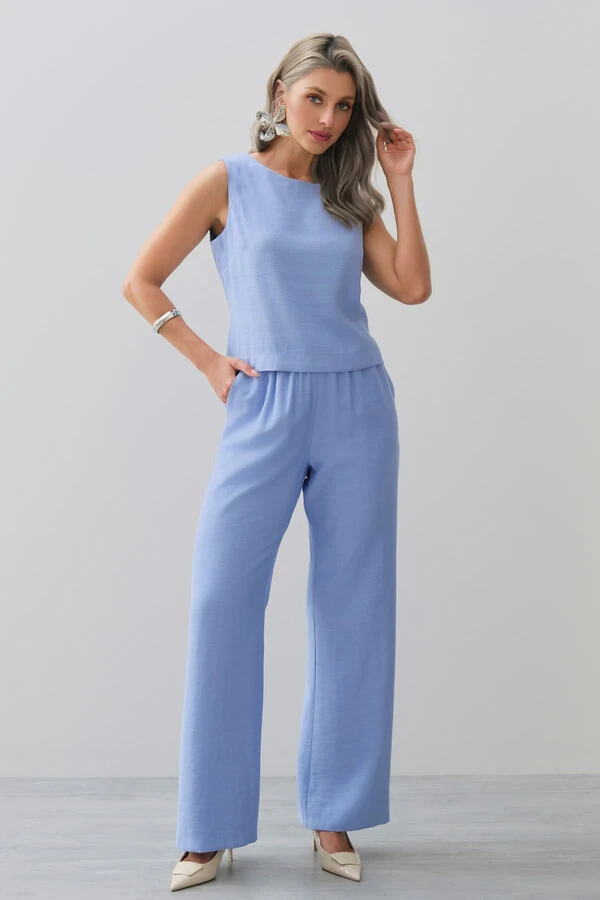 Conjunto de Blusa Regata Crop Pence e Calça Reta Cintura Elástico Laço