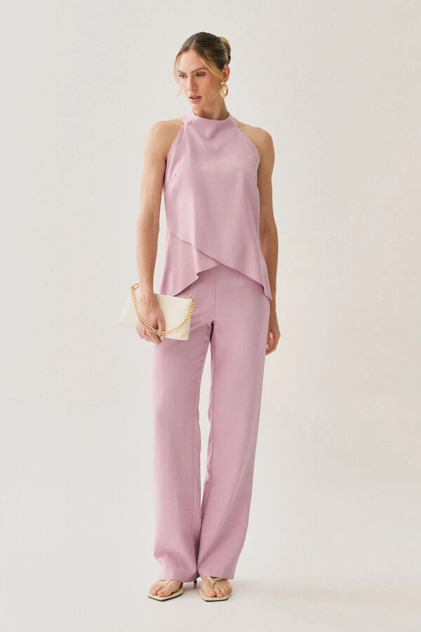 Conjunto de Blusa Regata Frente Única Transpassada e Calça Reta