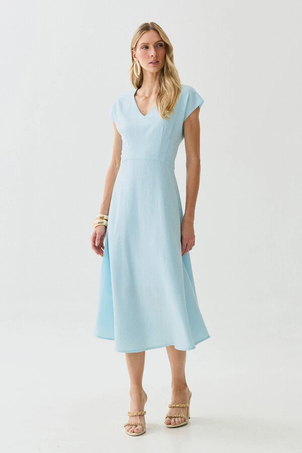 Vestido Midi Evasê Manga Morcego Decote V
